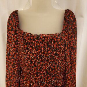 Lily Rose Women's Floral Dress ~Black Red ~Fit Flare Smocked Sheer ~ Size L, NWT